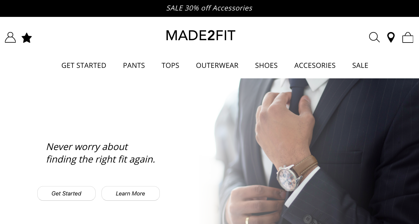 screenshot of made2fit, a menswear website